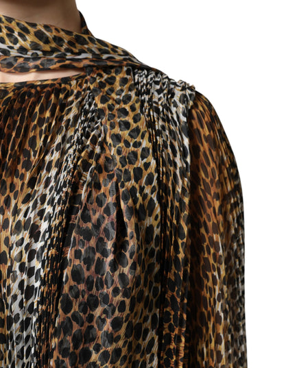 Dolce & Gabbana Brown Leopard Print Scarf Collared Chiffon Dress