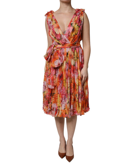 Dolce & Gabbana Multicolor Floral Silk V-neck Chiffon Dress