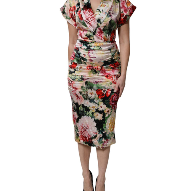 Dolce & Gabbana Multicolor Floral Short Sleeves Sheath Midi Dress