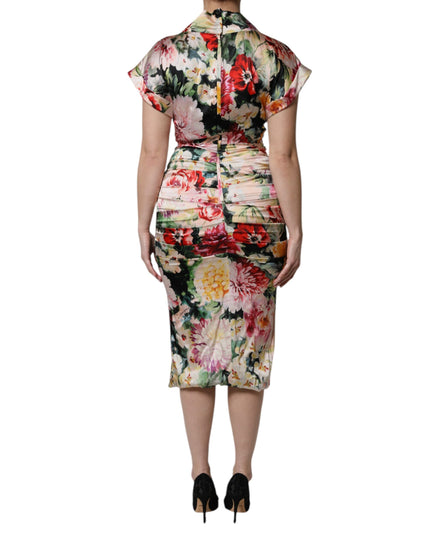 Dolce & Gabbana Multicolor Floral Short Sleeves Sheath Midi Dress