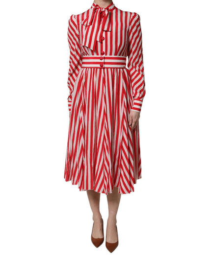 Dolce & Gabbana White Red Stripes Long Sleeves Midi Dress