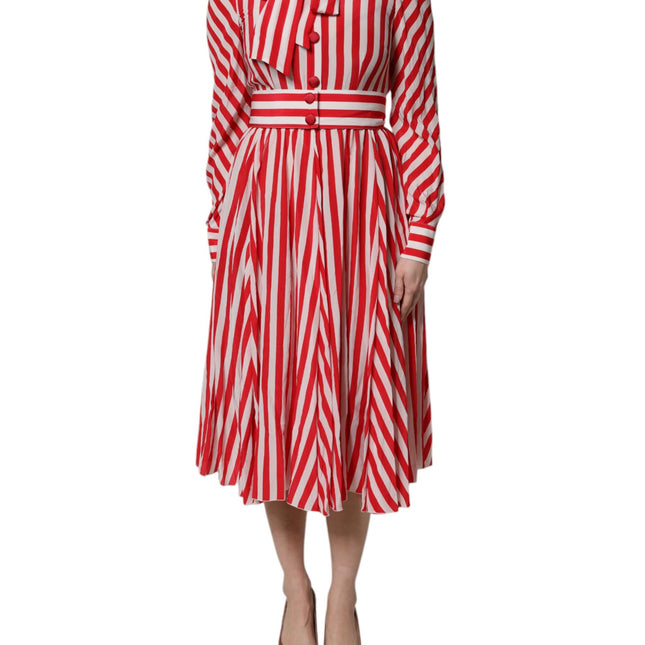 Dolce & Gabbana White Red Stripes Long Sleeves Midi Dress