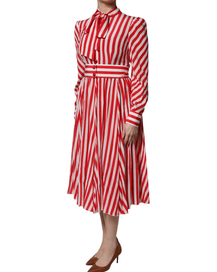 Dolce & Gabbana White Red Stripes Long Sleeves Midi Dress