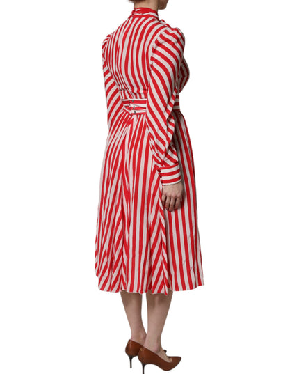 Dolce & Gabbana White Red Stripes Long Sleeves Midi Dress