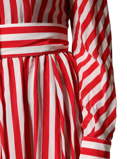 Dolce & Gabbana White Red Stripes Long Sleeves Midi Dress