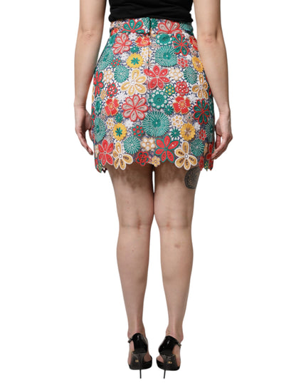 Dolce & Gabbana Multicolor Floral Lace High Waist Mini Skirt