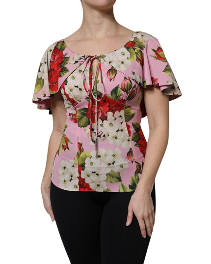 Dolce & Gabbana Pink Floral Silk Short Sleeves Blouse Top