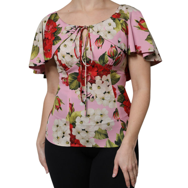 Dolce & Gabbana Pink Floral Silk Short Sleeves Blouse Top