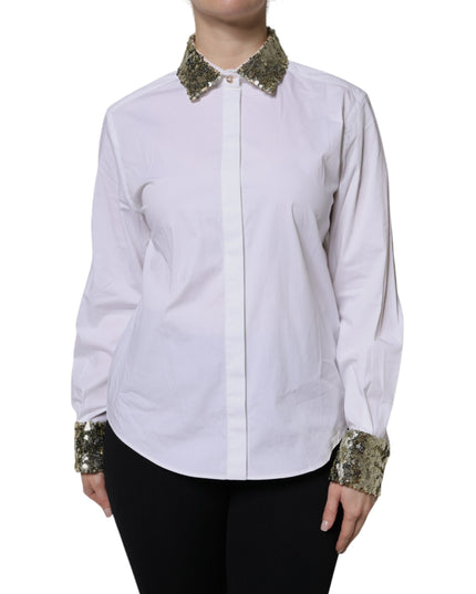 Dolce & Gabbana White Cotton Long Sleeves Sequin Shirt Top