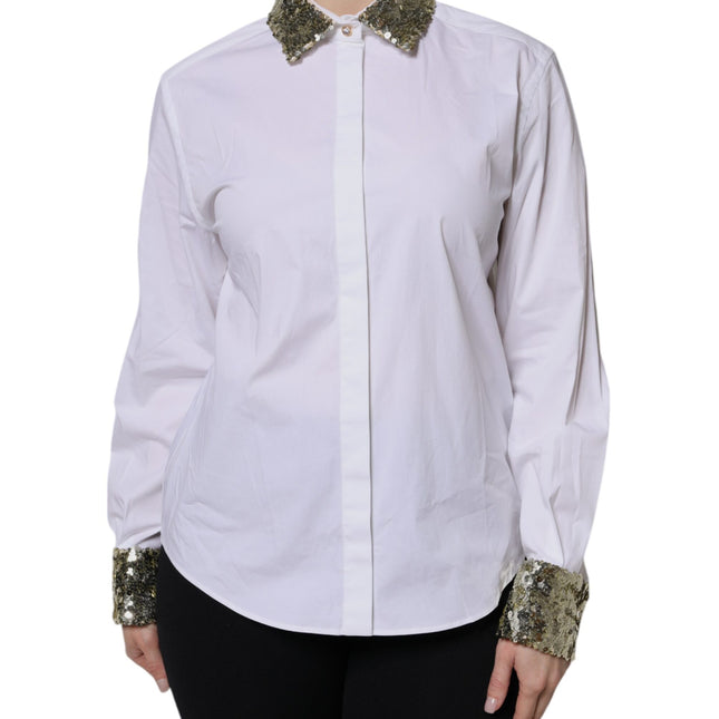 Dolce & Gabbana White Cotton Long Sleeves Sequin Shirt Top