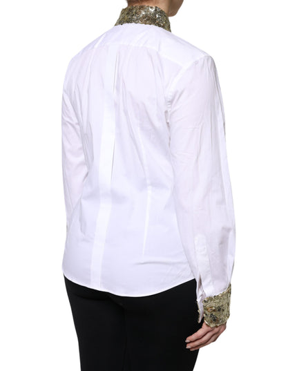 Dolce & Gabbana White Cotton Long Sleeves Sequin Shirt Top