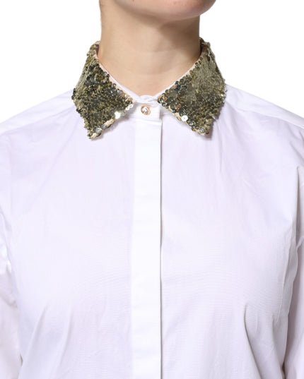 Dolce & Gabbana White Cotton Long Sleeves Sequin Shirt Top
