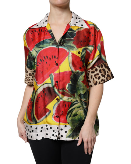 Dolce & Gabbana Multicolor Watermelon Collared Shirt Top