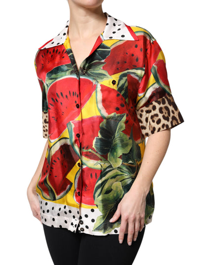 Dolce & Gabbana Multicolor Watermelon Collared Shirt Top