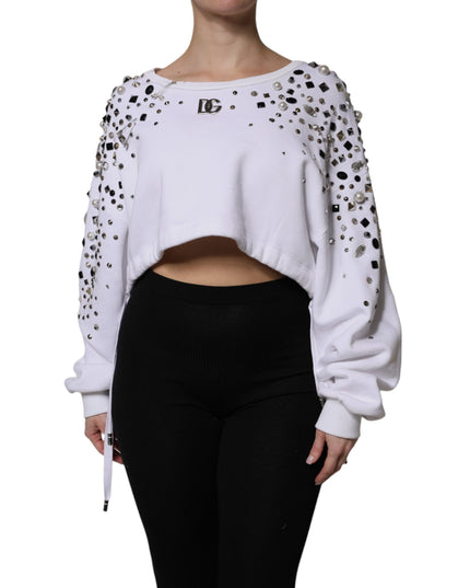 Dolce & Gabbana White Embellished Long Sleeve Cropped Sweater