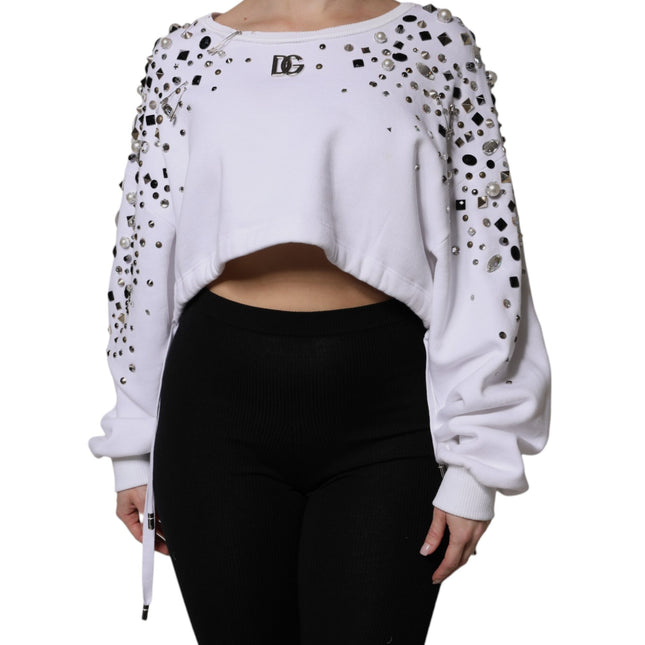 Dolce & Gabbana White Embellished Long Sleeve Cropped Sweater