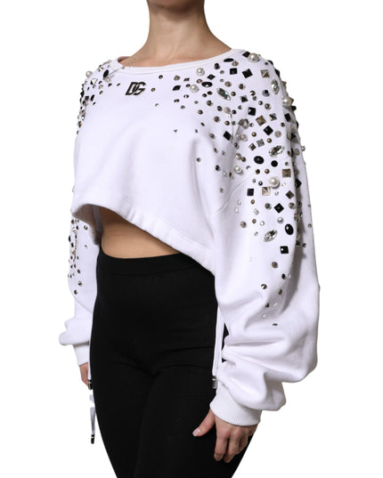 Dolce & Gabbana White Embellished Long Sleeve Cropped Sweater