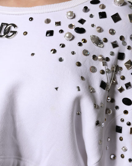 Dolce & Gabbana White Embellished Long Sleeve Cropped Sweater