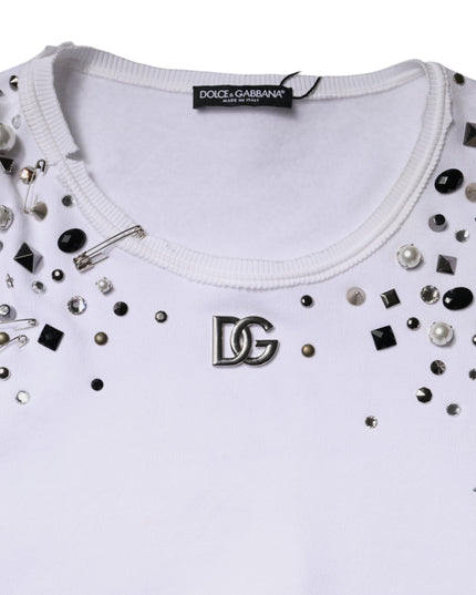 Dolce & Gabbana White Embellished Long Sleeve Cropped Sweater