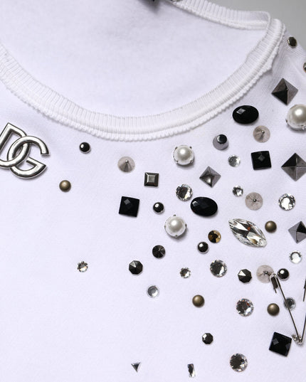 Dolce & Gabbana White Embellished Long Sleeve Cropped Sweater