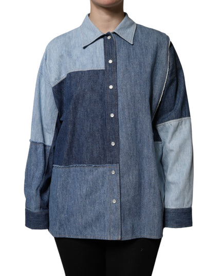 Dolce & Gabbana Blue Cotton Button Up Collared Long Sleeve Top