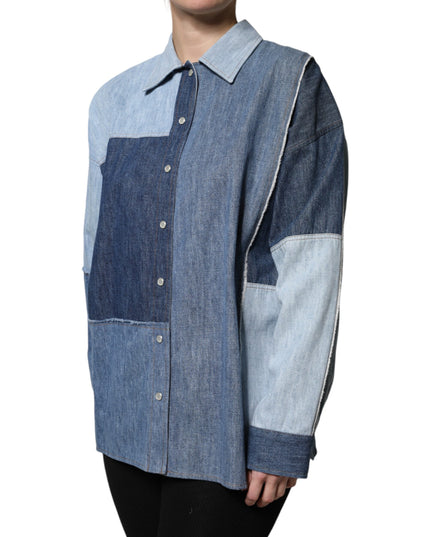 Dolce & Gabbana Blue Cotton Button Up Collared Long Sleeve Top