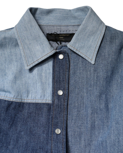 Dolce & Gabbana Blue Cotton Button Up Collared Long Sleeve Top