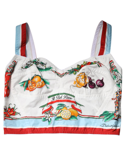 Dolce & Gabbana White Vegetable Print Sweetheart Cropped Top