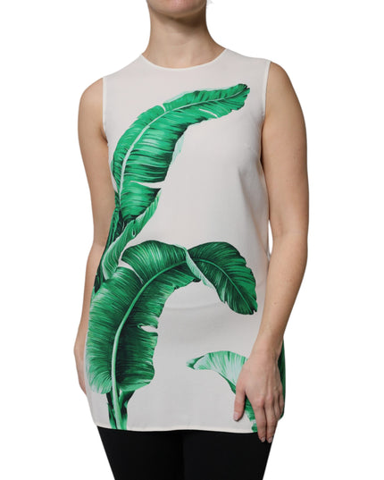 Dolce & Gabbana White Banana Leaf Print Round Neck Tank Top