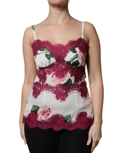 Dolce & Gabbana White Rose Print Satin Lace Tank Top Lingerie