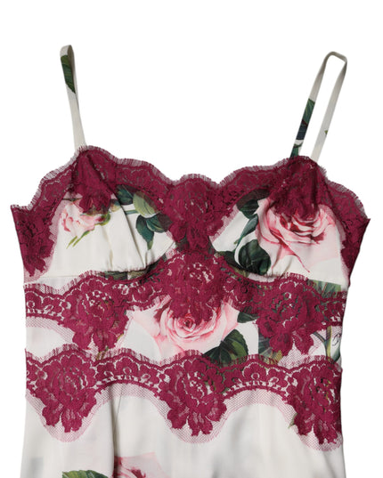 Dolce & Gabbana White Rose Print Satin Lace Tank Top Lingerie
