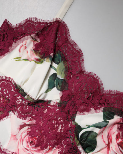 Dolce & Gabbana White Rose Print Satin Lace Tank Top Lingerie