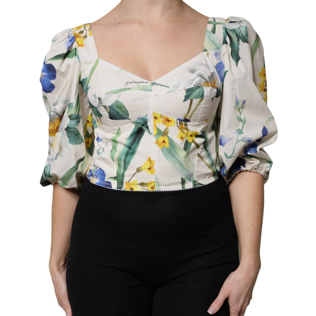 Dolce & Gabbana White Floral Puff Sleeves Crop Blouse Top