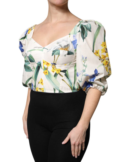 Dolce & Gabbana White Floral Puff Sleeves Crop Blouse Top