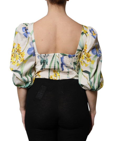 Dolce & Gabbana White Floral Puff Sleeves Crop Blouse Top