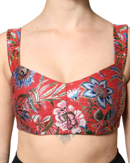 Dolce & Gabbana Red Floral Brocade Cropped Bustier Corset Top