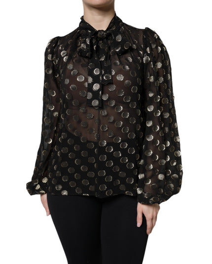 Dolce & Gabbana Black Sheer Tied Neck Polka Dots Blouse Top