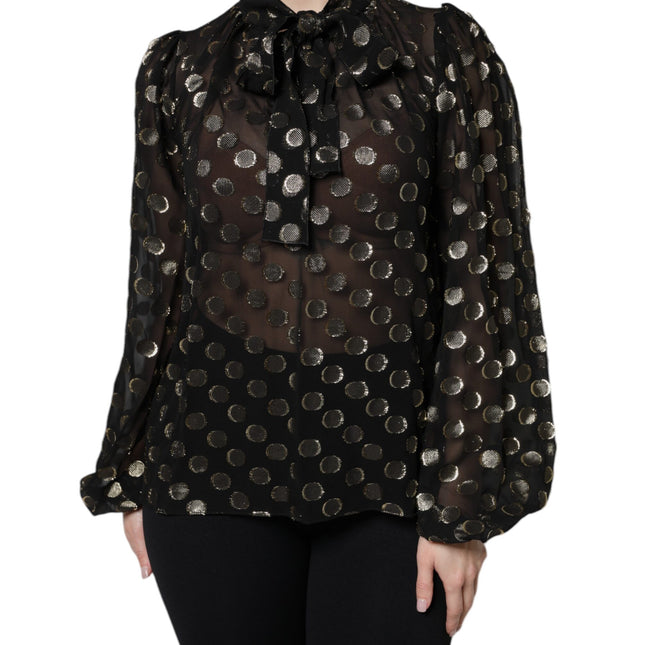 Dolce & Gabbana Black Sheer Tied Neck Polka Dots Blouse Top