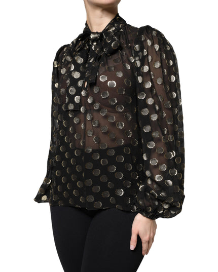 Dolce & Gabbana Black Sheer Tied Neck Polka Dots Blouse Top