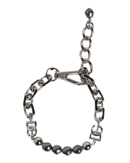 Dolce & Gabbana Silver Tone Chain Lobster Clasp Logo Gray Pearls Bracelet