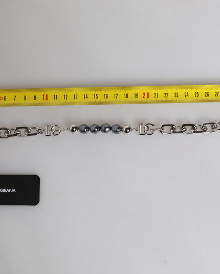 Dolce & Gabbana Silver Tone Chain Lobster Clasp Logo Gray Pearls Bracelet