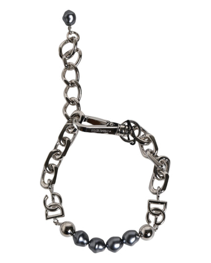 Dolce & Gabbana Silver Tone Chain Lobster Clasp Logo Gray Pearls Bracelet