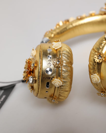 Dolce & Gabbana Gold Leather Floral Crystal Angel Headset Headphones