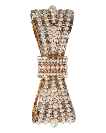 Dolce & Gabbana Gold Tone Brass Bow Crystal FauxPearl Embellished Brooch