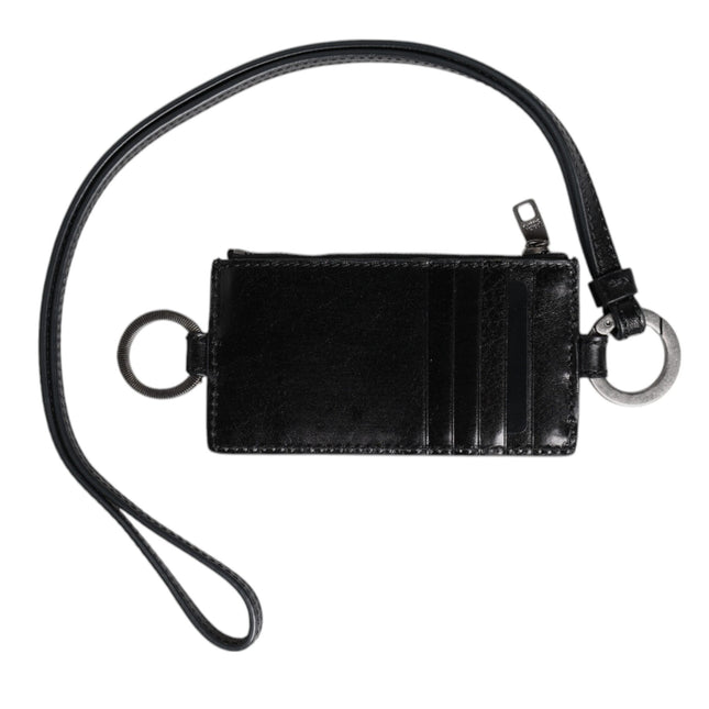 Dolce & Gabbana Black Leather Logo Embossed Lanyard Card Holder Wallet