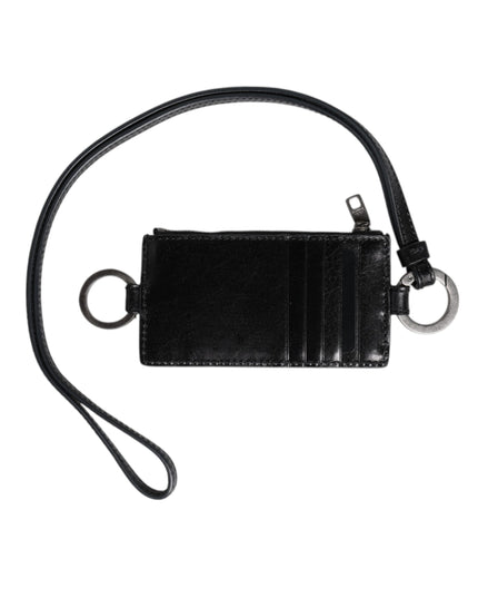 Dolce & Gabbana Black Leather Logo Embossed Lanyard Card Holder Wallet