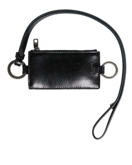 Dolce & Gabbana Black Leather Logo Embossed Lanyard Card Holder Wallet