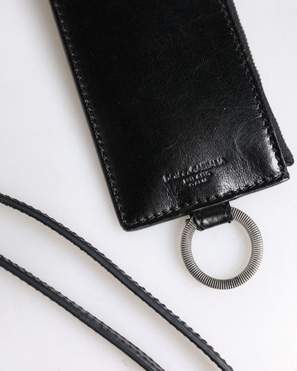 Dolce & Gabbana Black Leather Logo Embossed Lanyard Card Holder Wallet