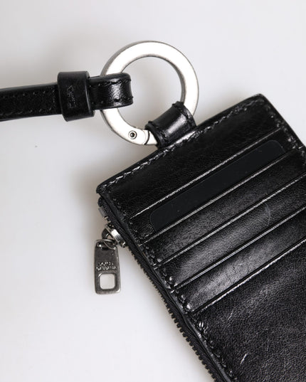 Dolce & Gabbana Black Leather Logo Embossed Lanyard Card Holder Wallet