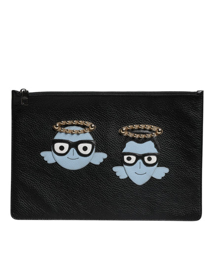 Dolce & Gabbana Black Leather #DGFAMILY Embellished Men Zip Pouch Bag